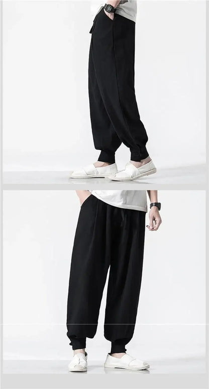 Loose-fit Cotton Linen Men's Women's Monk Pants No Tying Required Casual Spring Summer Long Pants For Zen Meditation - Ellianto fashion Men's