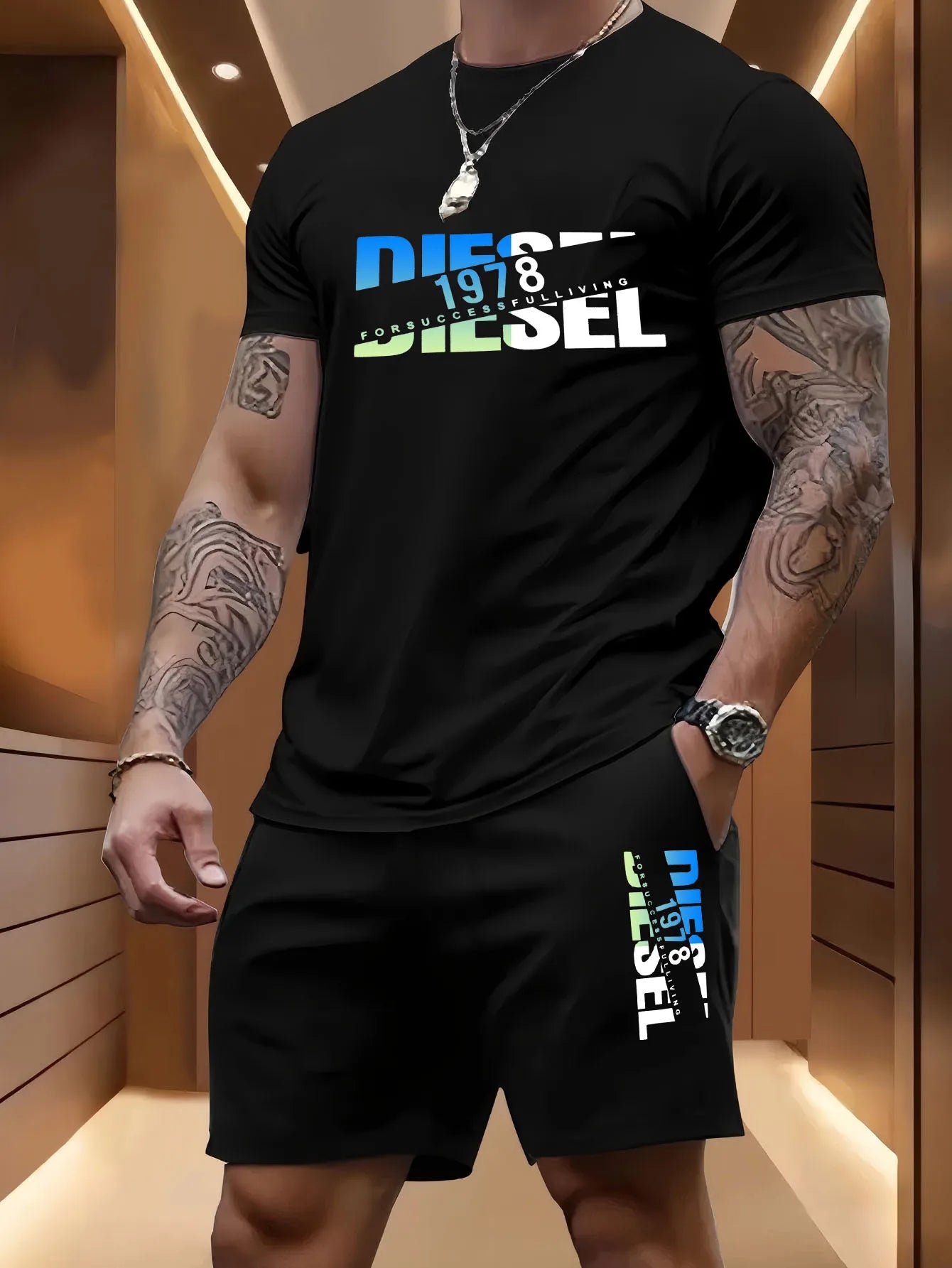 Set Summer men's casual two-piece set round-neck short-sleeved T-shirt and sports shorts for outdoor activities - Ellianto fashion Men's