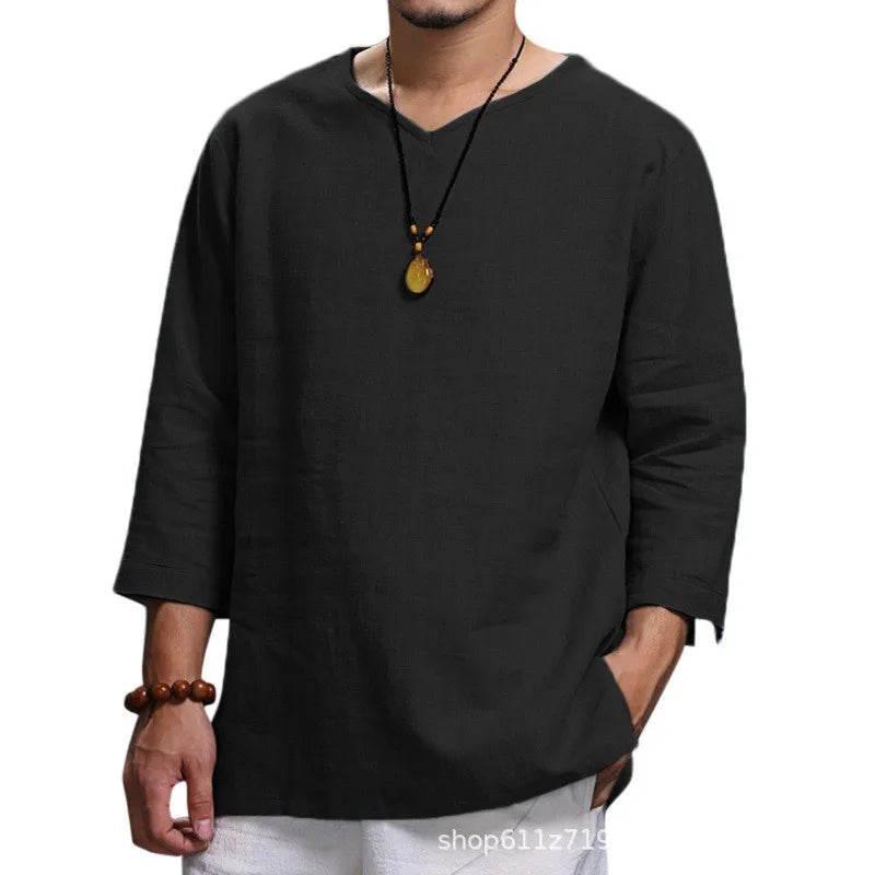 Men's New 3/4 Sleeve Loose Solid Casual Large Pullover Shirt - Ellianto fashion Men's