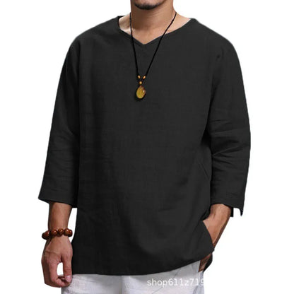 Men's New 3/4 Sleeve Loose Solid Casual Large Pullover Shirt - Ellianto fashion Men's