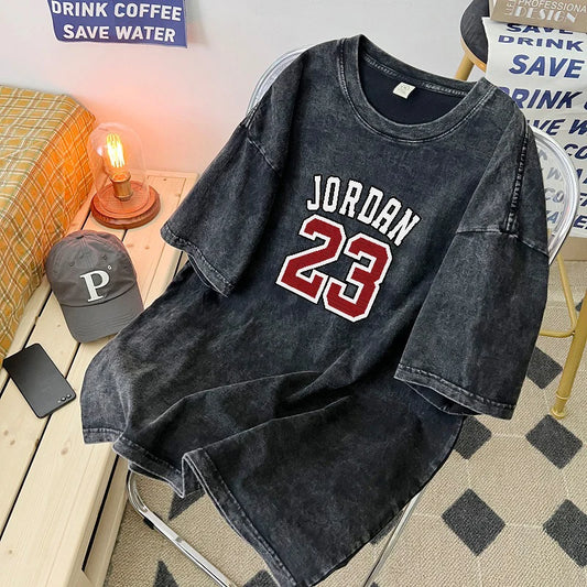 Set Washed American Men's T-Shirt Summer Vintage Short Sleeve Couples' Top NO 23 Jor dan 100% Cotton Hip Hop T-Shirts Oversized - Ellianto fashion Men's