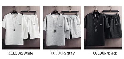 Summer Fashionable Korean Style Men's Short Sleeve Suit Versatile Waist Checked Five-point Shorts T-shirt Set Casual Wear - Ellianto fashion Men's