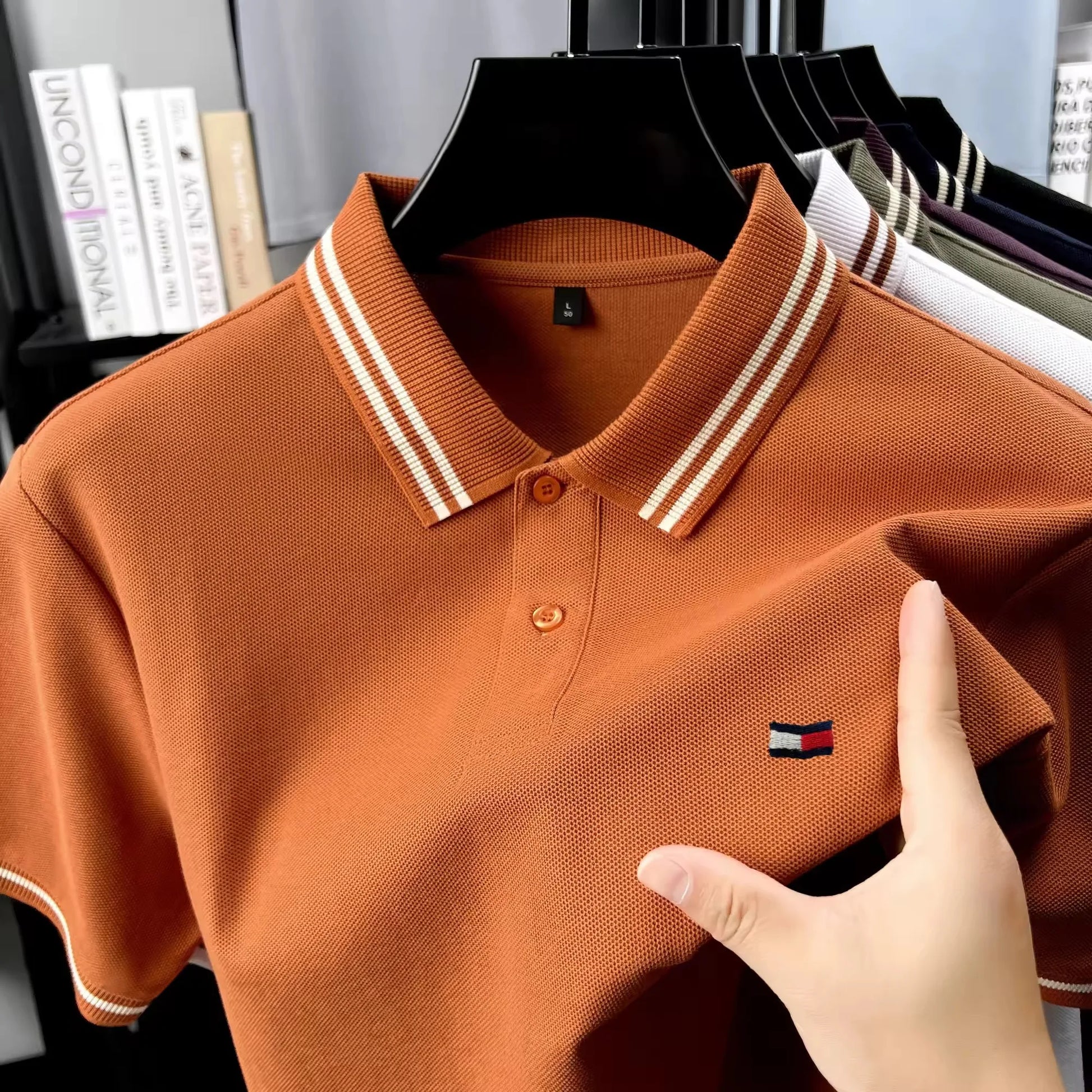 100% pure cotton summer men original embroidered short sleeved fashionable striped lapel shirt polo shirt breathable T-shirt top - Ellianto fashion Men's