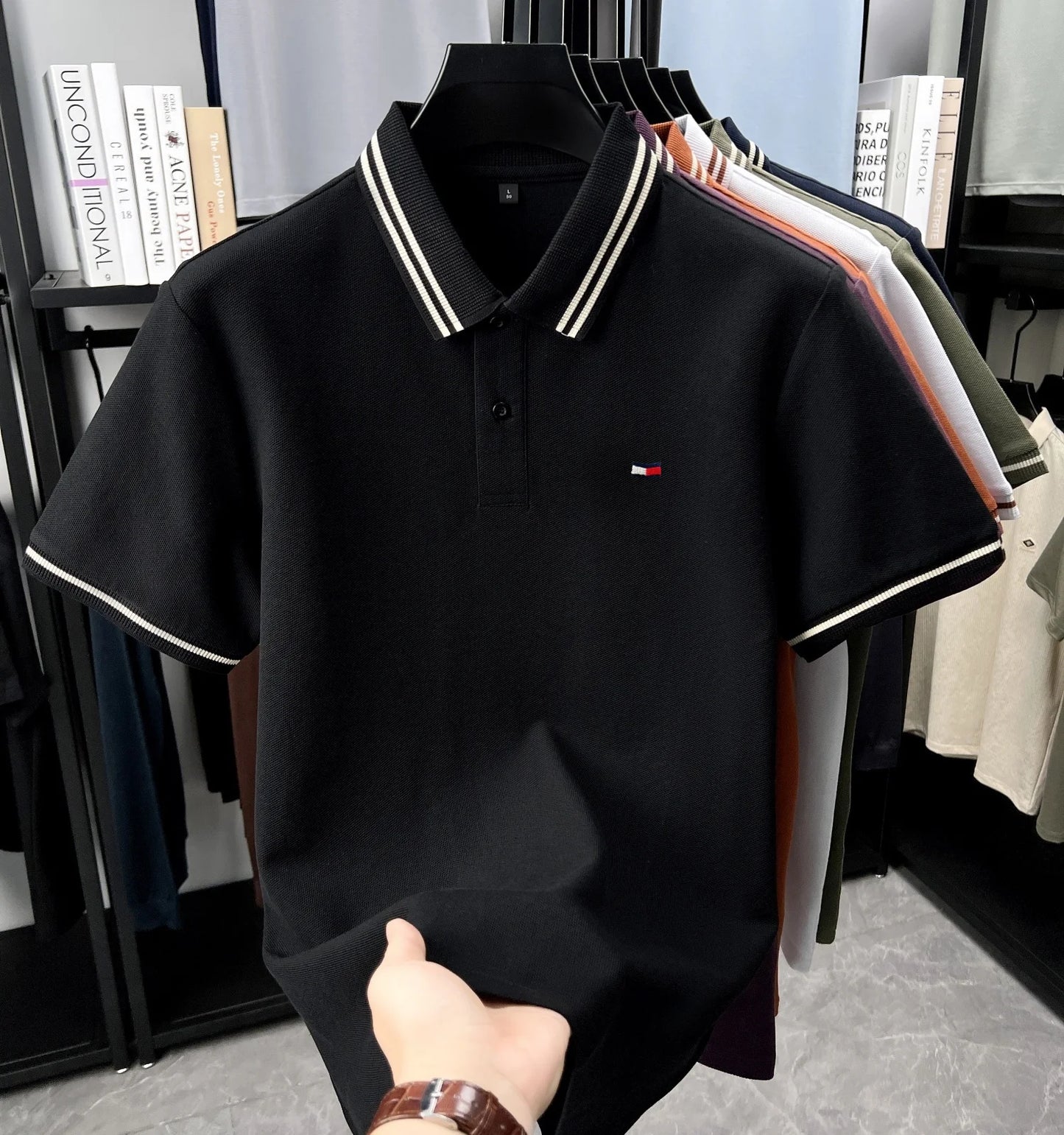 100% pure cotton summer men original embroidered short sleeved fashionable striped lapel shirt polo shirt breathable T-shirt top - Ellianto fashion Men's