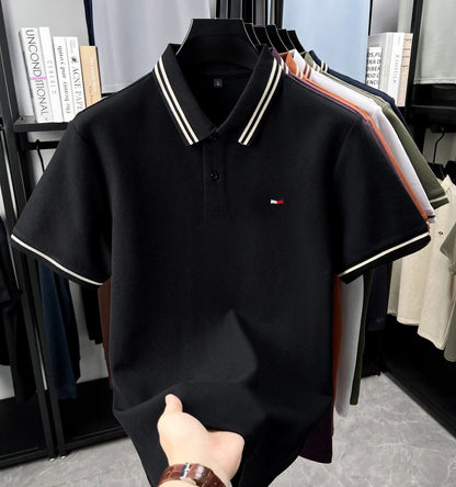 100% pure cotton summer men original embroidered short sleeved fashionable striped lapel shirt polo shirt breathable T-shirt top - Ellianto fashion Men's