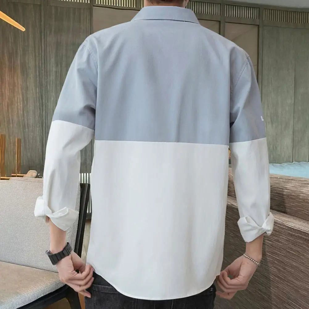 Men’s Colorblock Button-Down Jacket – Lightweight Cargo-Style Cardigan for Streetwear, Spring-Fall Comfort, and Trendy Korean Style