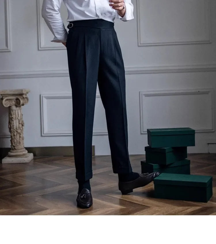 High Waist Straight Leg Casual Men's Trousers Italian Neapolitan Style Versatile Long Pants British Retro Suiting - Ellianto fashion Men's