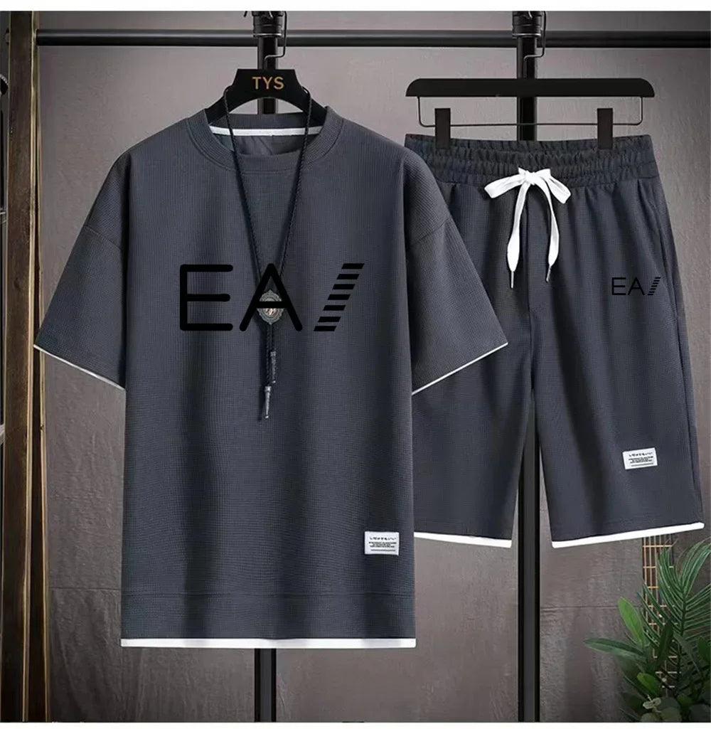 Set A new summer European men's breathable waffle round-neck short-sleeved and jogging sports shorts digital printing two-piece set - Ellianto fashion Men's