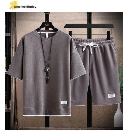 Casual Men's Sportswear Set Summer Short Sleeve Drawstring Shorts Loose Five-Quarter Pants Thin Male Outfit Two-Piece Suit - Ellianto fashion Men's