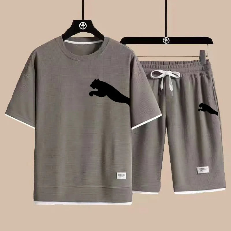 Set 2025 new casual sportswear for men summer two-piece clothing short-sleeved round neck and shorts two fashionable clothes - Ellianto fashion Men's