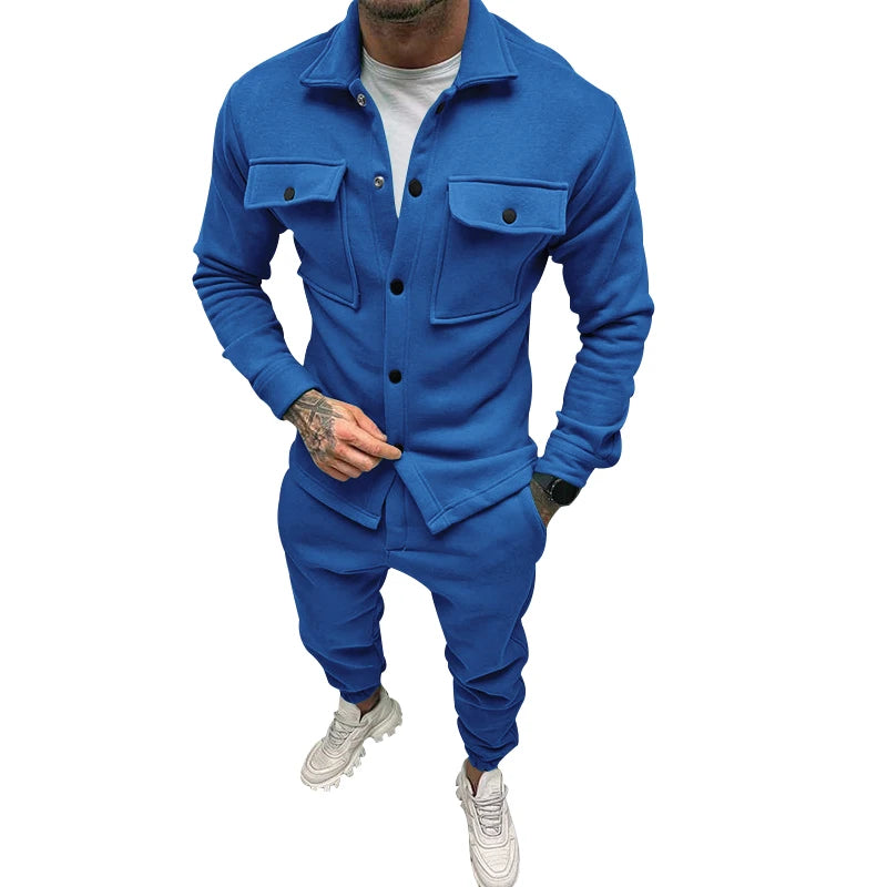 Men's casual overalls jacket and pants suit for fall/winter outdoor vacation American style men's fashion suede 2 piece set - Ellianto fashion Men's