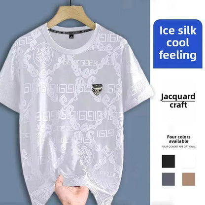 Summer Casual High Density Embroidery Ice Silk Short Sleeve T-Shirt Men's Thin Stylish Lightweight Breathable round Neck Top