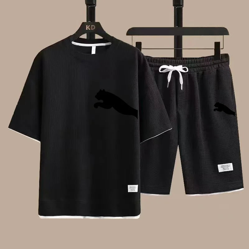 Set 2025 new casual sportswear for men summer two-piece clothing short-sleeved round neck and shorts two fashionable clothes - Ellianto fashion Men's
