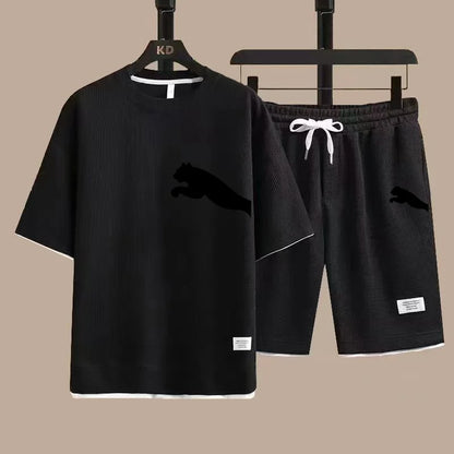 Set 2025 new casual sportswear for men summer two-piece clothing short-sleeved round neck and shorts two fashionable clothes - Ellianto fashion Men's
