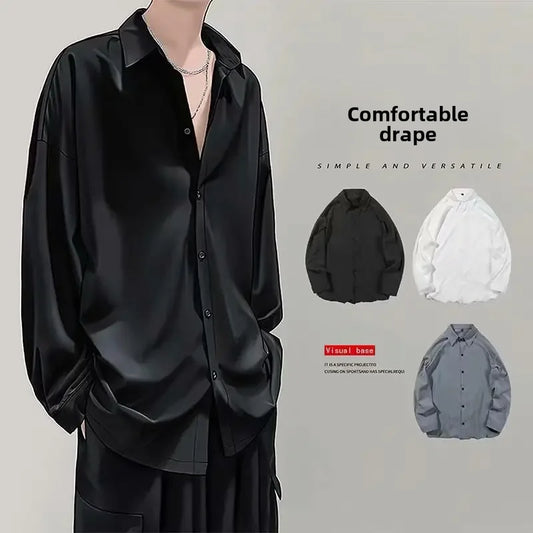 Trendy Korean Style Black Long Sleeve Casual Loose Fit Men's Shirt Draped Fashionable Smart Casual Thin Knit Top For Men - Ellianto fashion Men's