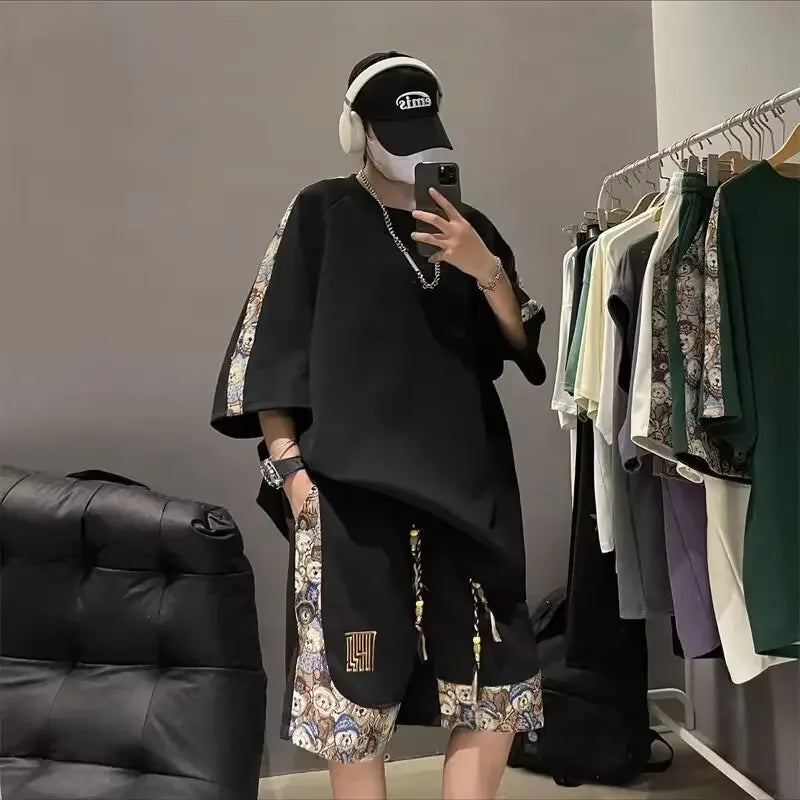 Chinese Style Men's Loose-fit Short Sleeve T-shirt Patchwork Design Sensibility Summer Sport Casual 2-piece Set - Ellianto fashion Men's