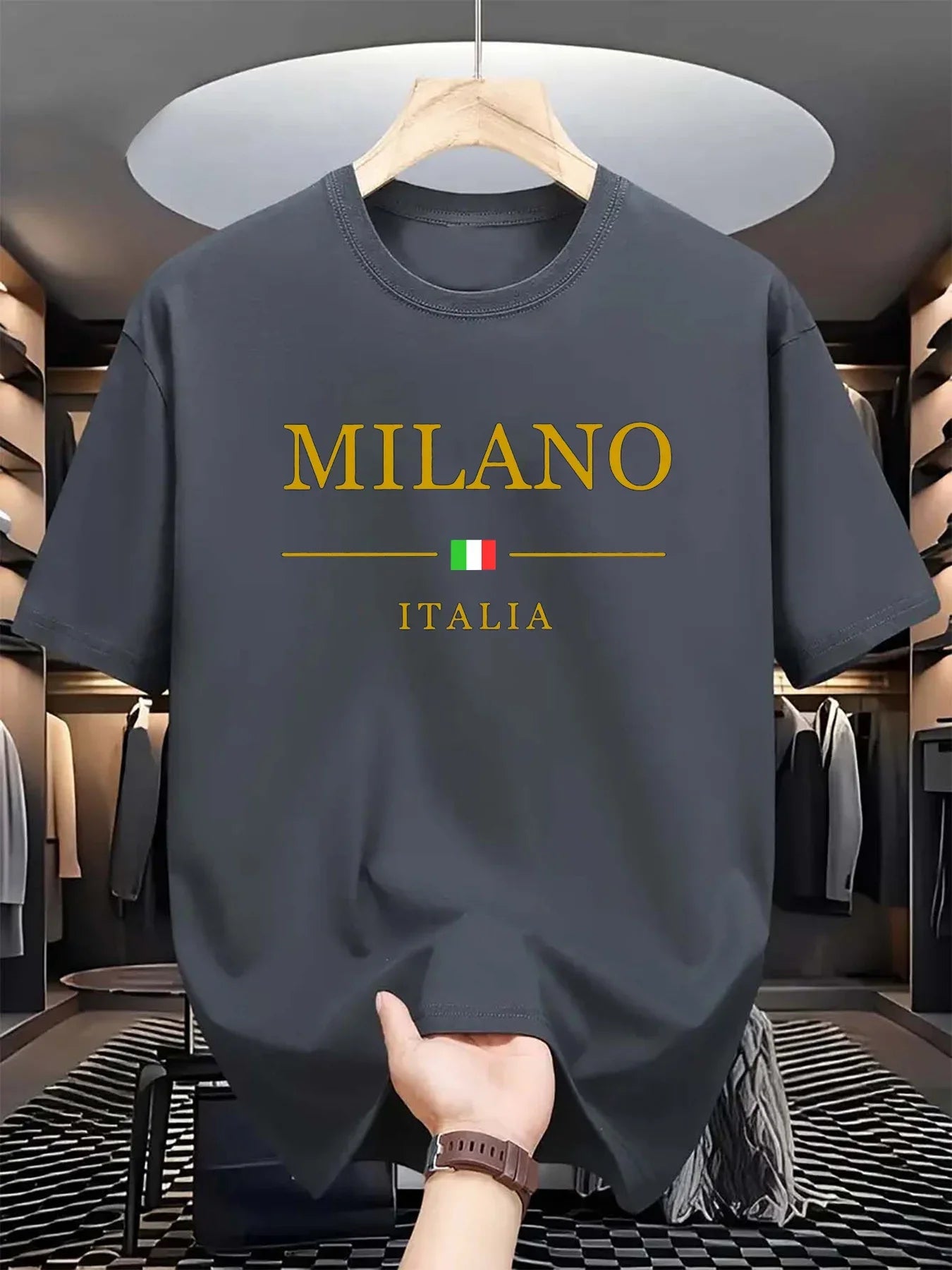 Men's summer 100 cotton fashionable casual loose plus size MILANO ITALIA pattern printed sports round neck short sleeved T-shirt - Ellianto fashion Men's
