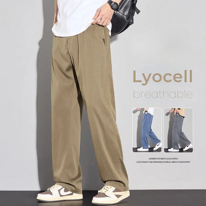 2025 Summer Thin Men's Soft Lyocell Casual Pants Breathable Fashion Solid Color Simple Male Trousers Brand Clothing