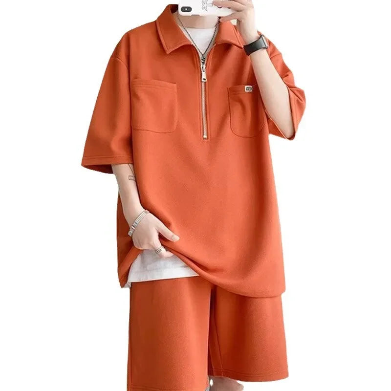 Ice Silk Short Sleeve Polo Shirt Men Summer Trendy Shorts Casual Sports Set Seven Half Zipper Comfortable Thin Male Clothing - Ellianto fashion Men's