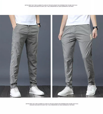 Men's Summer Thin Casual Pants Breathable Ice Silk Elastic Straight-leg Loose-fit Quick Dry Pants Trendy Versatile Long - Ellianto fashion Men's
