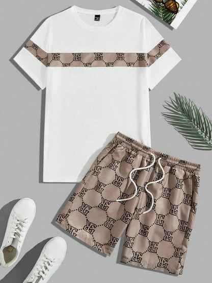 Set Men's Suit Retro Fashion Letters Printed Round Neck T-shirt Shorts Suit Comfortable And Breathable Men's Two-piece Suit - Ellianto fashion Men's