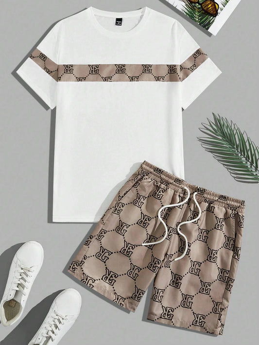 Set Men's Suit Retro Fashion Letters Printed Round Neck T-shirt Shorts Suit Comfortable And Breathable Men's Two-piece Suit - Ellianto fashion Men's