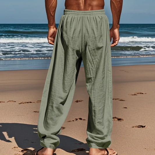 Men's Summer Drawstring Waist Wide Leg Loose Cotton Linen Yoga Pants Beach Casual Trousers with Pockets Casual Lightweight Pants - Ellianto fashion Men's