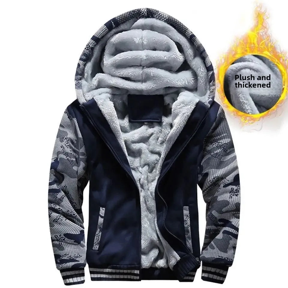 Men’s Hooded Fleece-Lined Baseball Jacket – Warm, Thickened Sweatshirt with Sporty Korean Style for Autumn-Winter Comfort