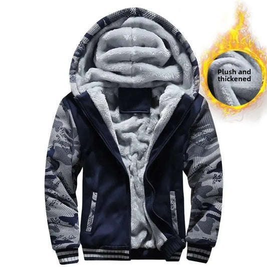 Men’s Hooded Fleece-Lined Baseball Jacket – Warm, Thickened Sweatshirt with Sporty Korean Style for Autumn-Winter Comfort