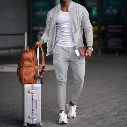 Set Autumnwinter men's casual blazer set new fashion Waffle baseball suit round neck pocket zipper long sleeve trousers two-piece se - Ellianto fashion Men's