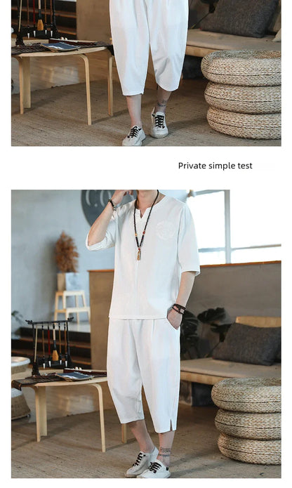 Men's Loose-fit Casual Pants Set Chinese Style Cotton Linen Short Sleeve Shirt Seven-point Shorts Two-piece Suit - Ellianto fashion Men's