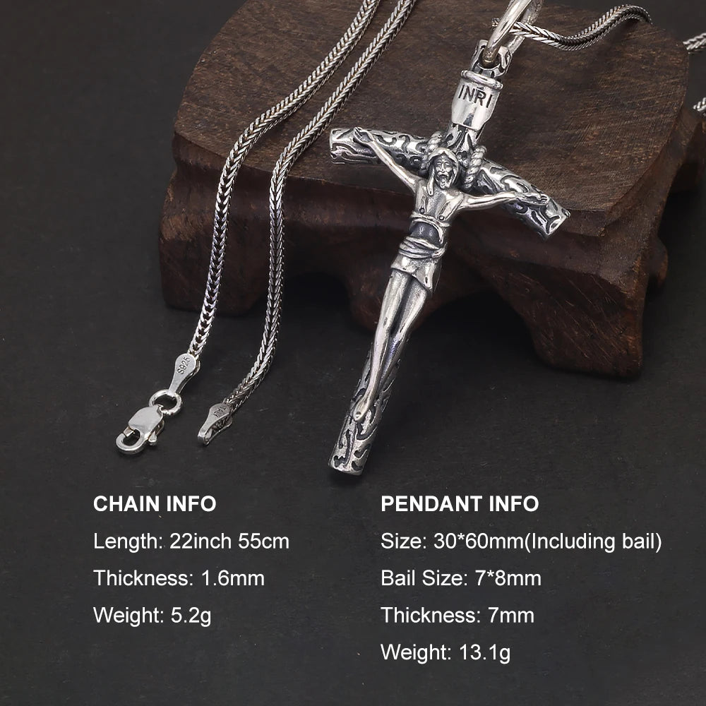 Pure 925 Sterling Silver Crucifix Cross Pendant for Men Women Vintage Catholic Christ Jesus Necklace Regilion Jewelry - Ellianto fashion Men's
