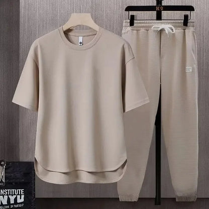 Pure Color Men's T-Shirt Set Short Sleeve Summer Trendy Two-Piece Suit Casual Comfortable Breathable Male Model Clothing - Ellianto fashion Men's