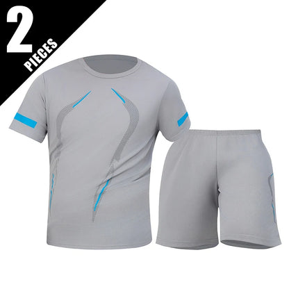 2 Pcs Men's Mesh Breathable Quick-drying Sports Suit Loose Plus Size Running Fitness Mountaineering Casual Short-sleeved Shorts