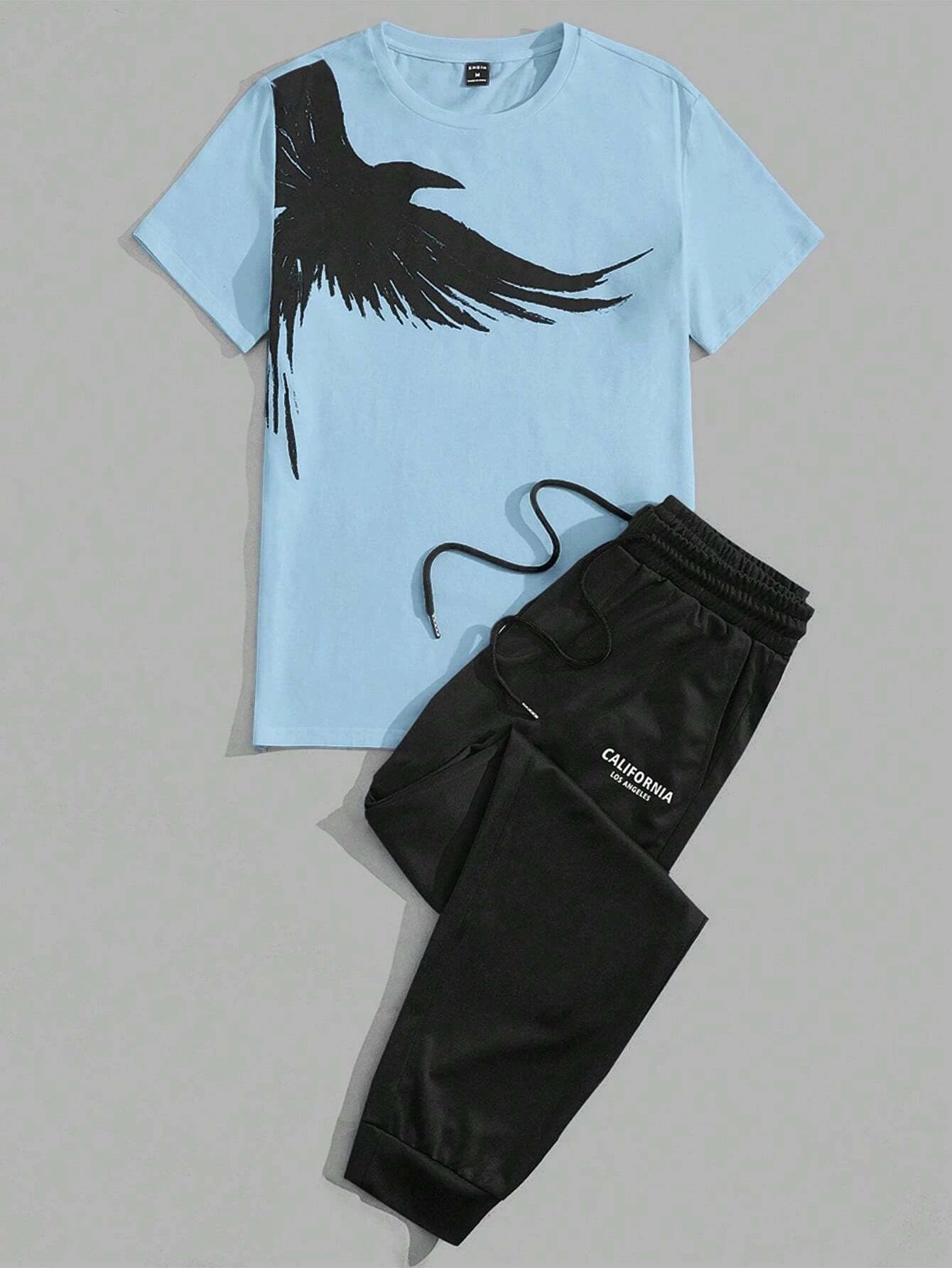 Set 2025 Simple Casual Men's T-shirt Short-sleeved Suit And Pants Fashion Eagle Print Pattern Sports And Leisure Two-piece Set - Ellianto fashion Men's