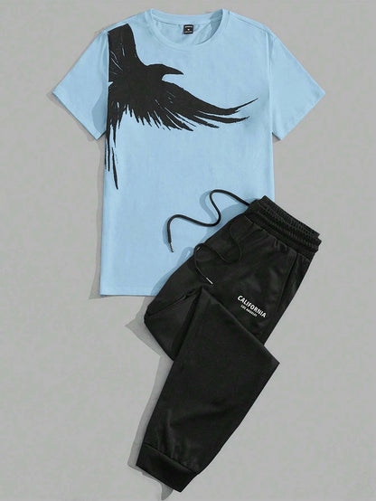 Set 2025 Simple Casual Men's T-shirt Short-sleeved Suit And Pants Fashion Eagle Print Pattern Sports And Leisure Two-piece Set - Ellianto fashion Men's