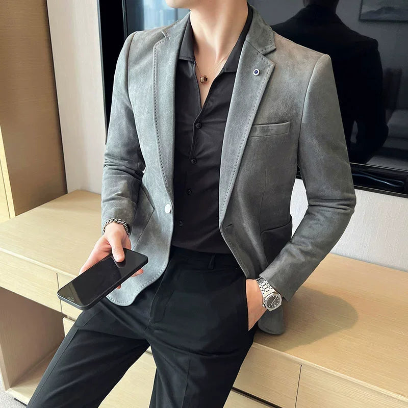 New Fashion Suit Coat Men's Slim Fit Deerskin Velvet Elegant Luxury Blazer Coat Business Casual Wedding Plus Size Suit 4XL-S - Ellianto fashion Men's