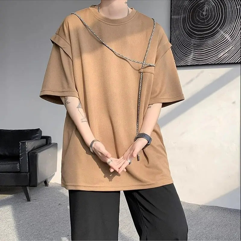Fake Two-piece Short-sleeve T-shirt for Men New Summer Style American Retro High Street Trendy Brand Loose T-shirt - Ellianto fashion Men's