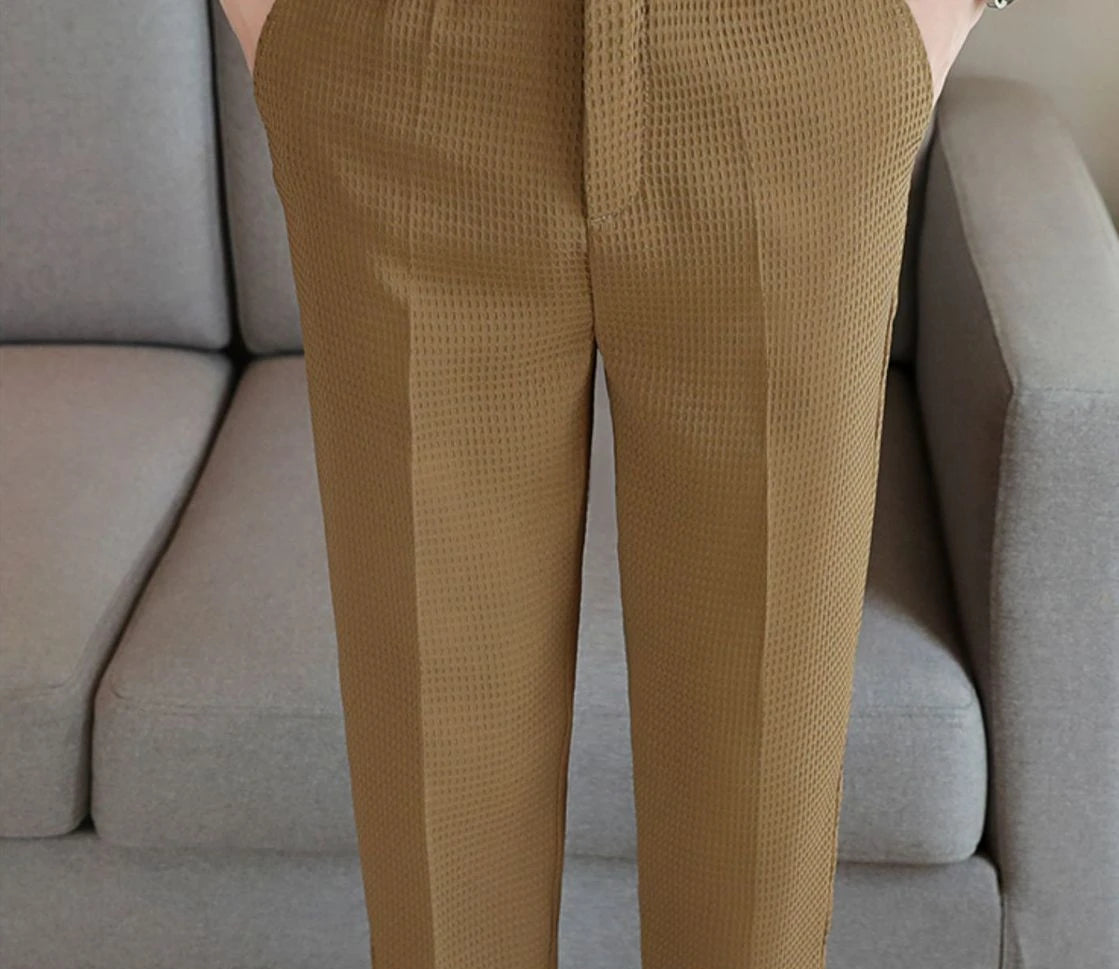 Trousers For Men Social Tailoring Slim Fit Khaki Business Waffle Tressed Work Wear Man Suits Pants Luxury Luxury Spring Clothes - Ellianto fashion Men's