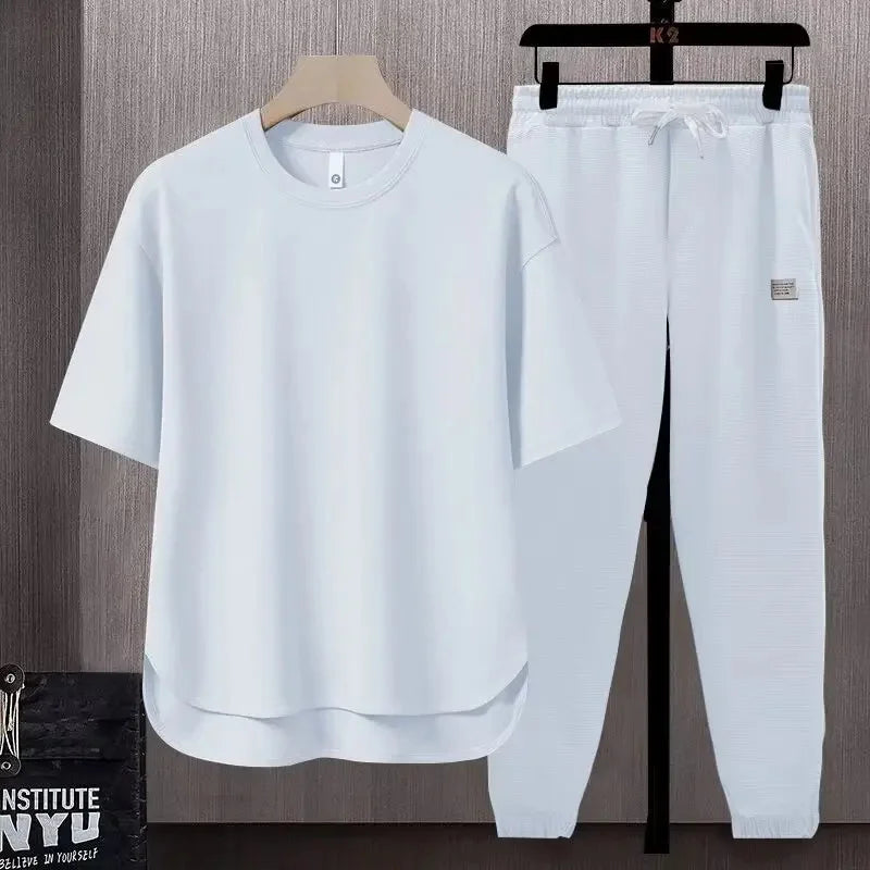 Pure Color Men's T-Shirt Set Short Sleeve Summer Trendy Two-Piece Suit Casual Comfortable Breathable Male Model Clothing - Ellianto fashion Men's