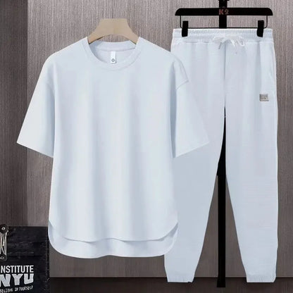 Pure Color Men's T-Shirt Set Short Sleeve Summer Trendy Two-Piece Suit Casual Comfortable Breathable Male Model Clothing - Ellianto fashion Men's
