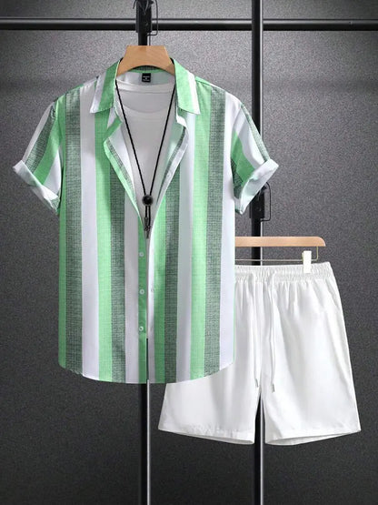 Set New Palm Leaf Print Men's Casual Shirt Hawaiian Men's Beach Shorts Summer Everyday Short-sleeved Shirt And Sports Shorts Set - Ellianto fashion Men's