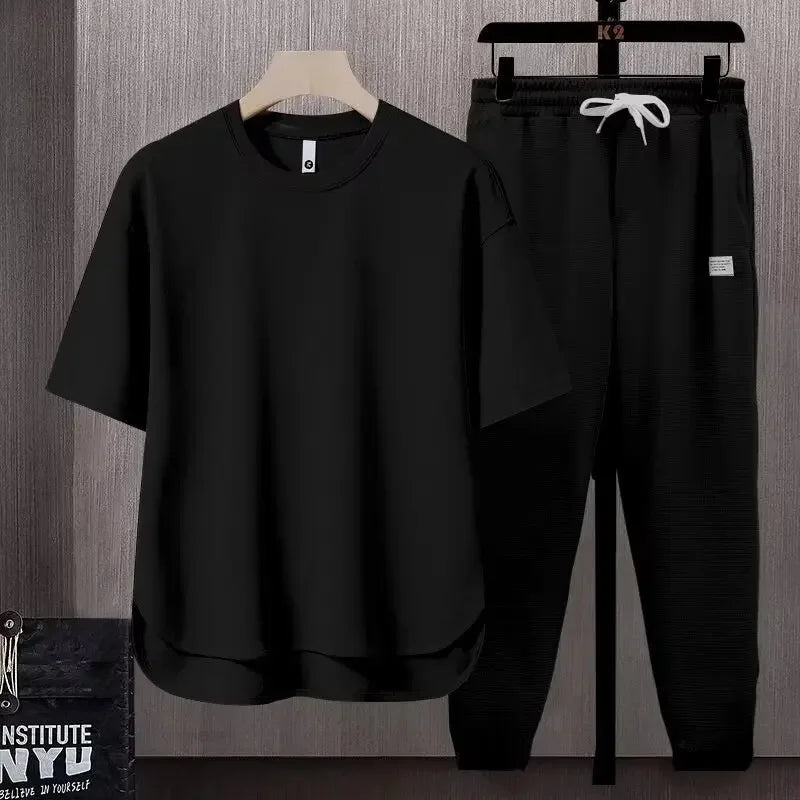 Pure Color Men's T-Shirt Set Short Sleeve Summer Trendy Two-Piece Suit Casual Comfortable Breathable Male Model Clothing - Ellianto fashion Men's