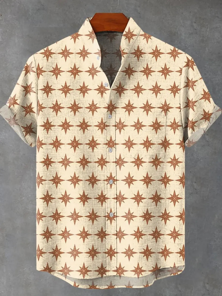 2025 Men's New Hot Selling Cool Checkered Pattern Printed Summer Comfortable Linen Short sleeved Shirt Men's Casual Button Top - Ellianto fashion Men's