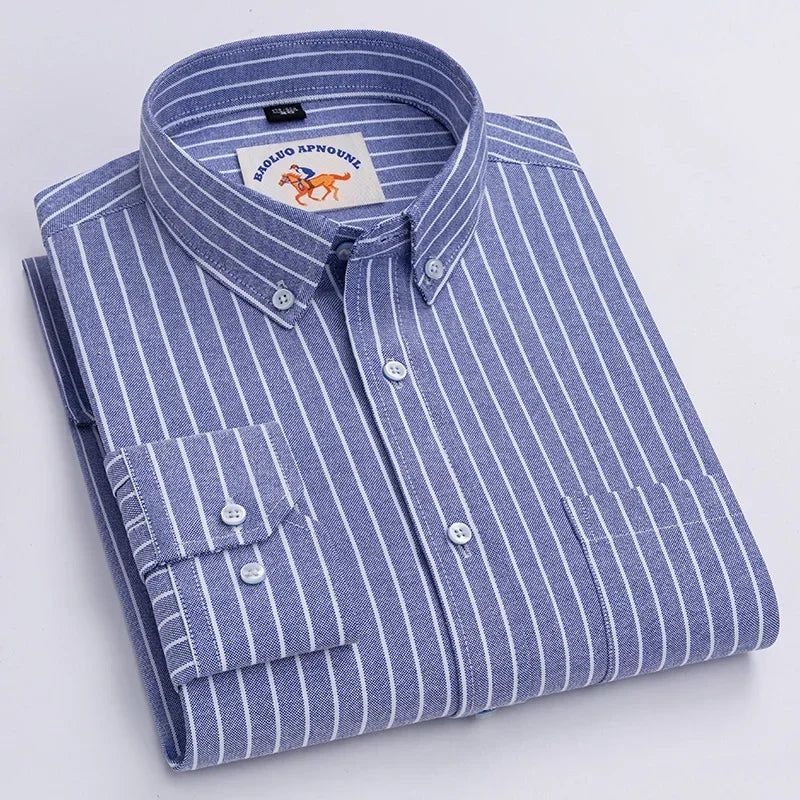 Casual Pure Cotton Oxford Mens Shirts Long Sleeve Embroidery Horse Design Regular Fit Fashion Button Man White Dress Shirt - Ellianto fashion Men's