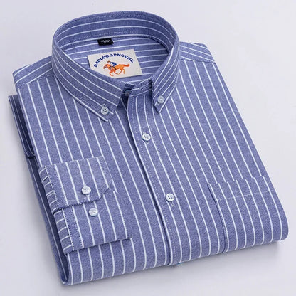 Casual Pure Cotton Oxford Mens Shirts Long Sleeve Embroidery Horse Design Regular Fit Fashion Button Man White Dress Shirt - Ellianto fashion Men's