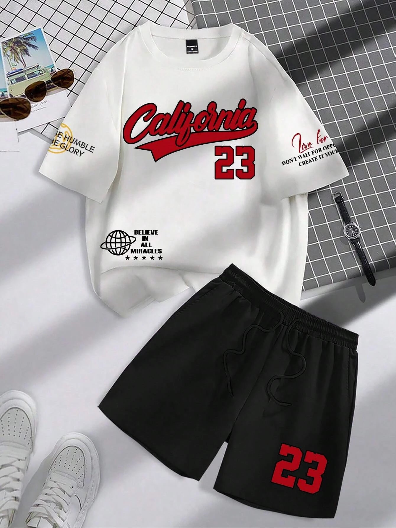 Set Summer Trend Men's Round Neck Short Sleeve Set Fashion Personalized Alphanumeric Print Round Neck T-shirt and Shorts Two Piece - Ellianto fashion Men's