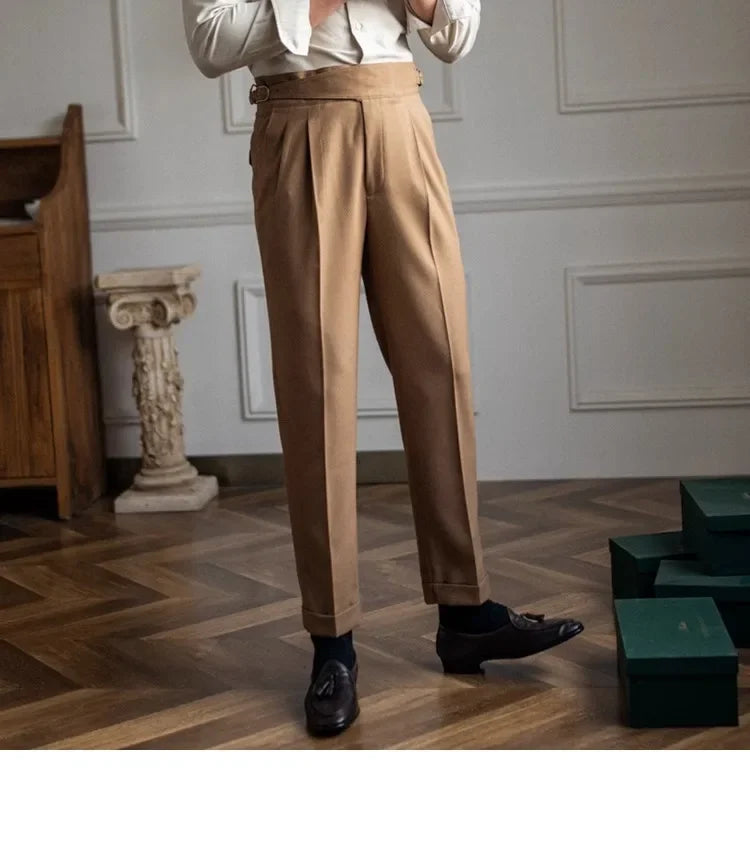 High Waist Straight Leg Casual Men's Trousers Italian Neapolitan Style Versatile Long Pants British Retro Suiting - Ellianto fashion Men's