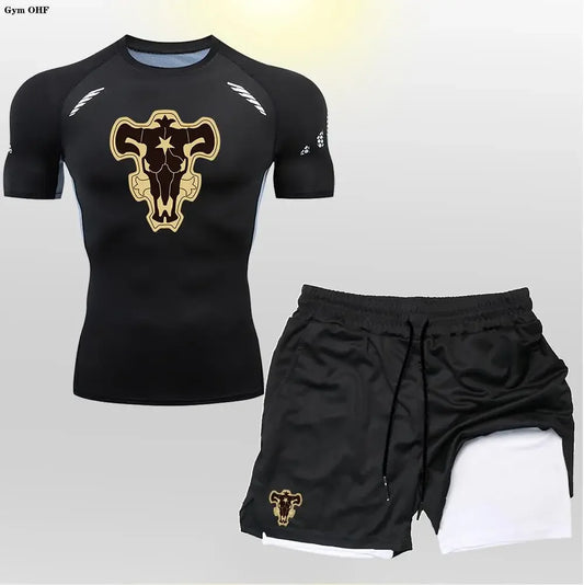 New Gym Shorts Men Double-Deck Workout 2 In 1 Quick Dry Compression T Shirt Suit Outdoors Running Tracksuit Jogging