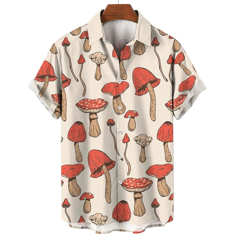 Mushroom 3D Printed Shirts For Men Clothes Cartoon Harajuku Fashion Agaricus Campestris Graphic Blouses Hawaiian Y2k Beach Tops - Ellianto fashion Men's